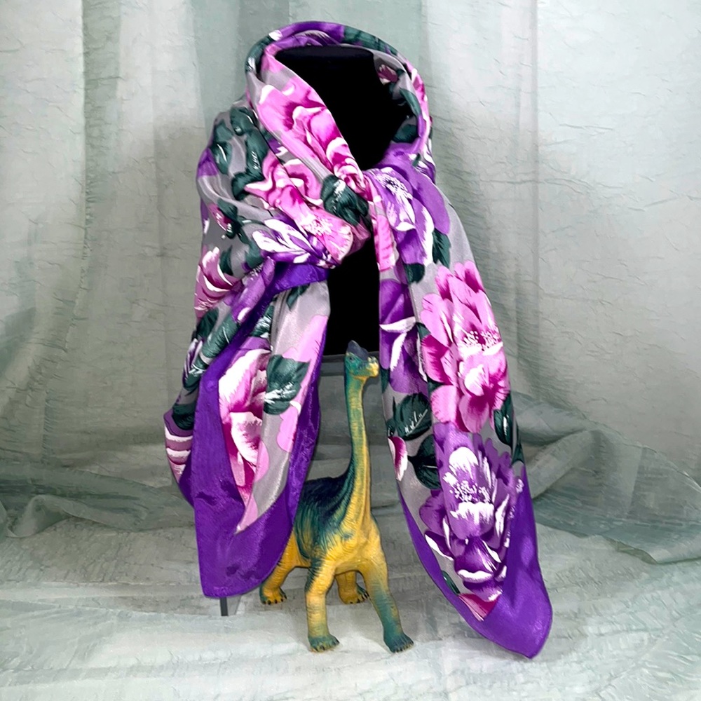 Pink and Purple Floral Square Vintage Scarf | 35” x 35”